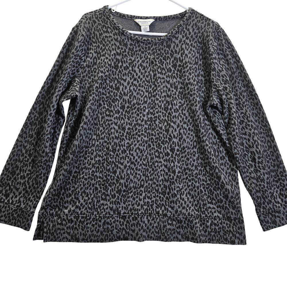 Liz Claiborne Weekend Gray Black Cheetah Soft Tunic Top Textured Slits Size XL